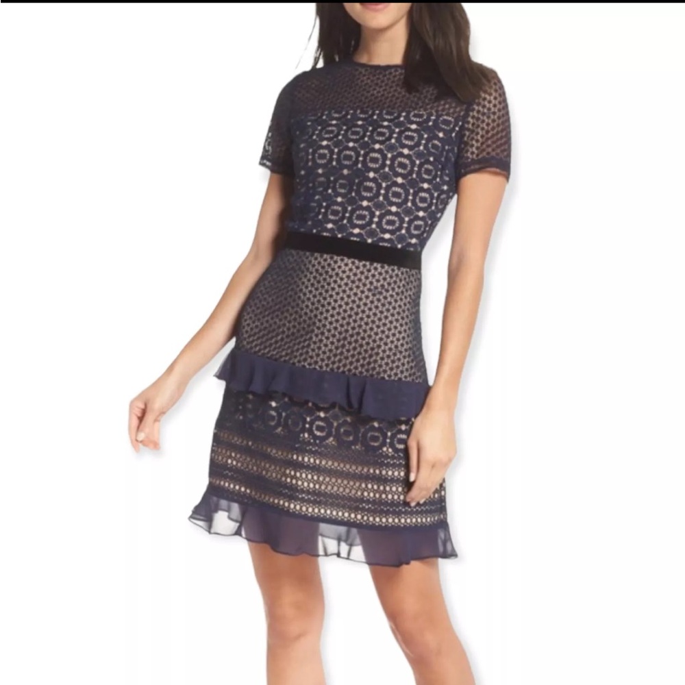 Chelsea 28 Navy Blue Velveteen Belt Lace Ruffle Sheath Dress Size L